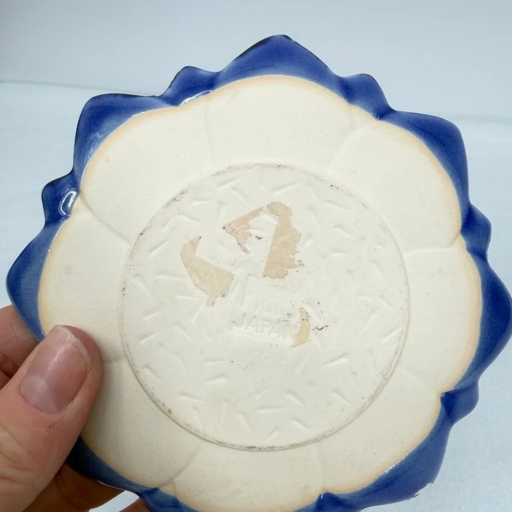 Pier 1 Ceramic Lotus Flower Trinket Dish Set Cobalt Blue Floral Decor 2 Pc Small